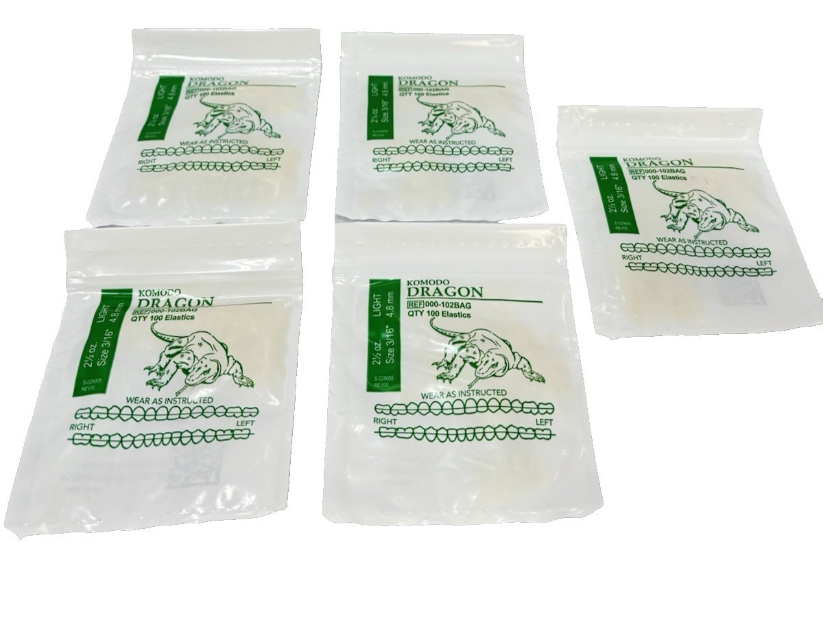 Komodo Dragon Orthodontic Elastics Light Size 2.5oz 3/16 -5 Packs (100 per ) NEW