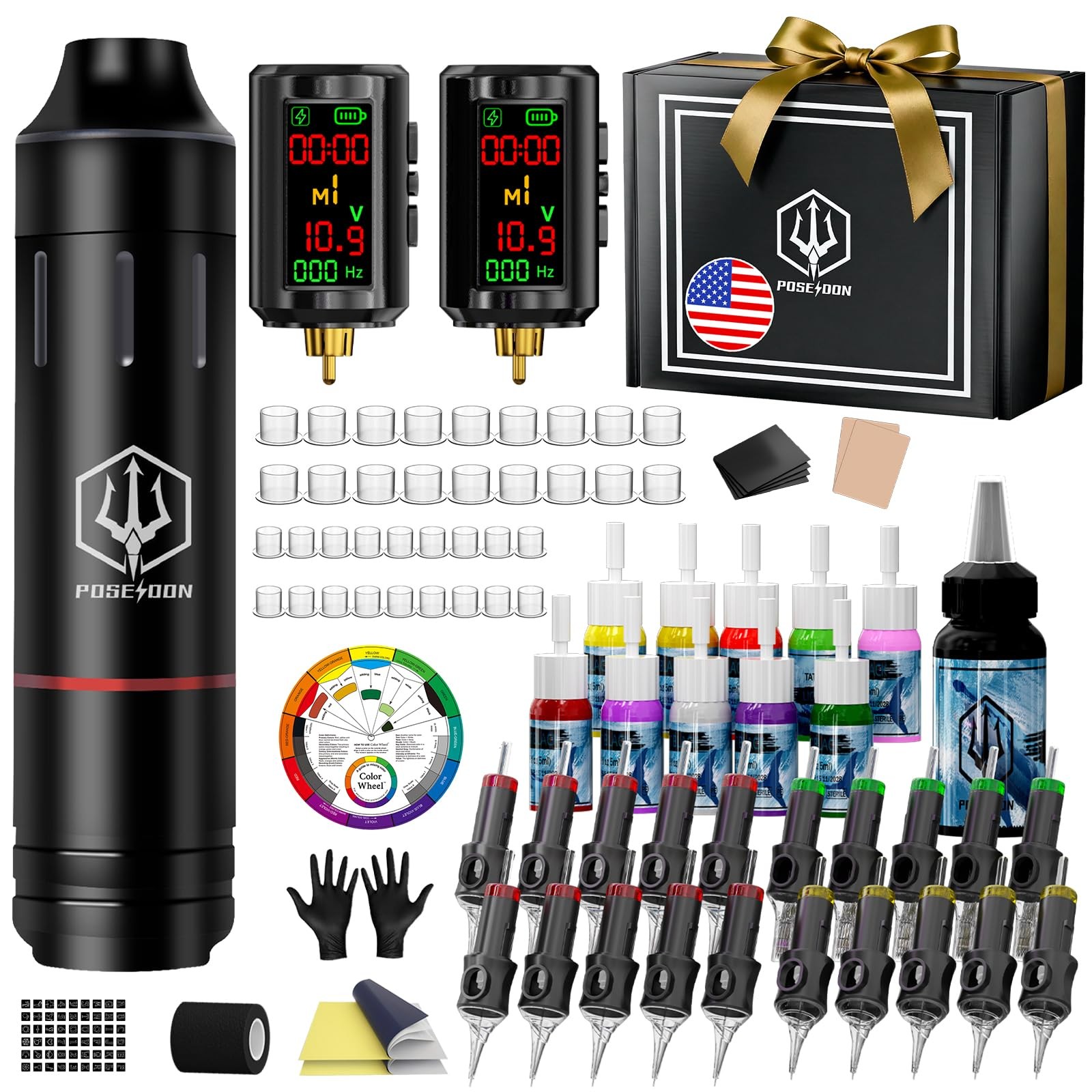 POSEIDON Cordless Tattoo Pen Kit with 2×1600mAh Batteries & TK205, Black