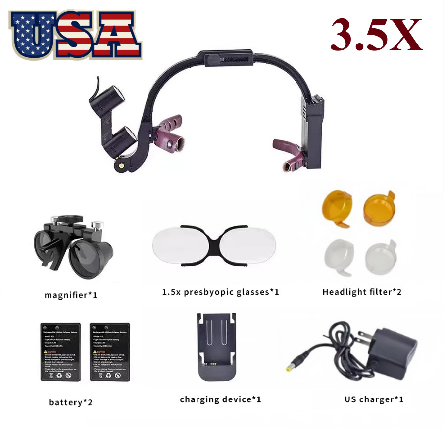 3.5X Dental Medical Binocular Loupes Headband Magnifier LED Head Light US Plug