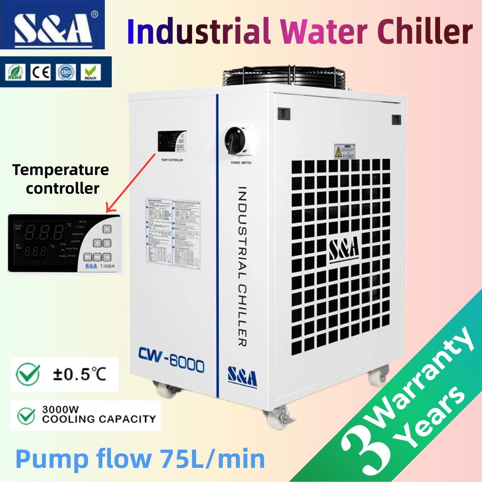 S&A CW-6000 Pump flow 75L/min Industrial Water Chiller 110V 60Hz Water Cooler US