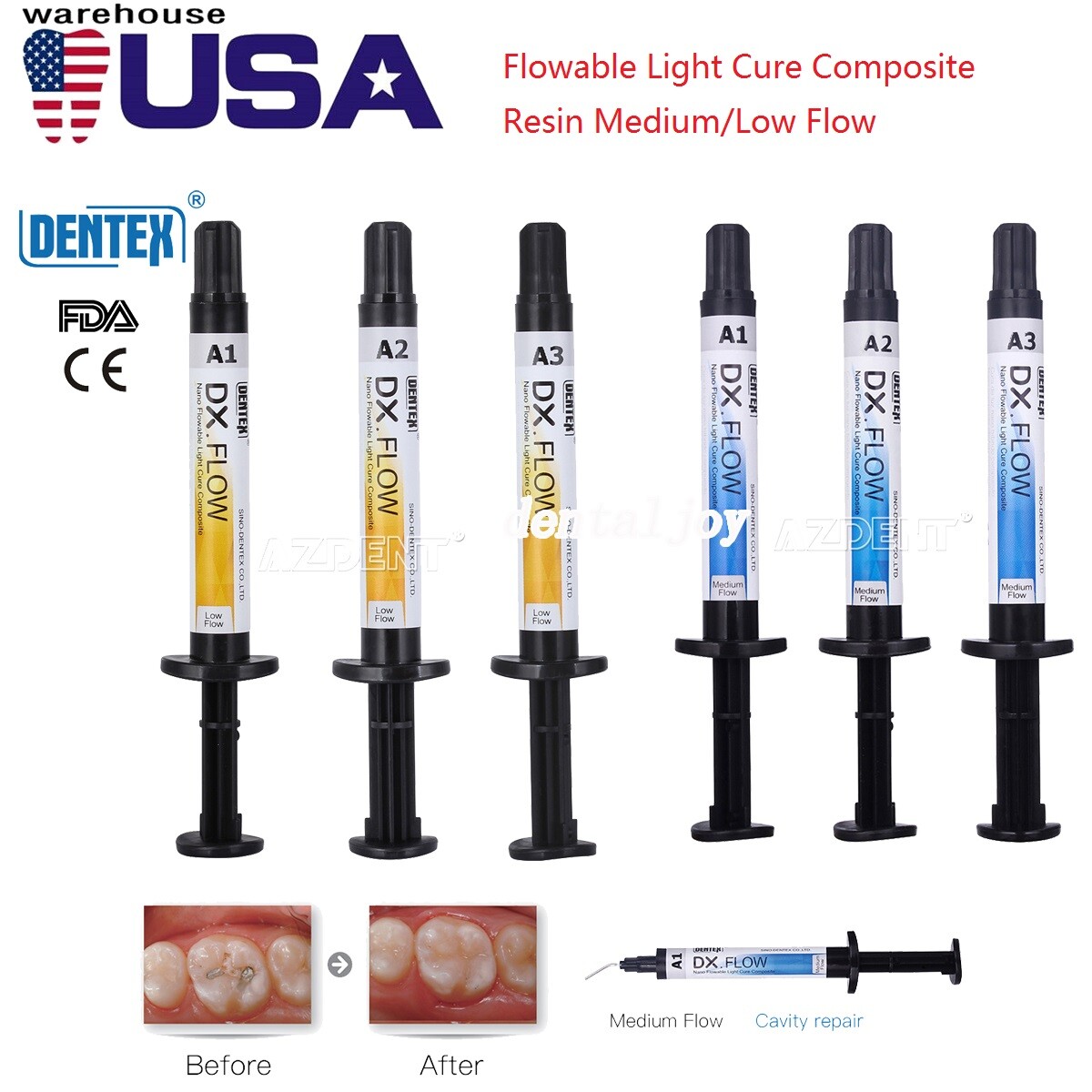 Dentex Dental Flowable Light Cure Composite Resin Medium/Low Flow A1 A2 A3
