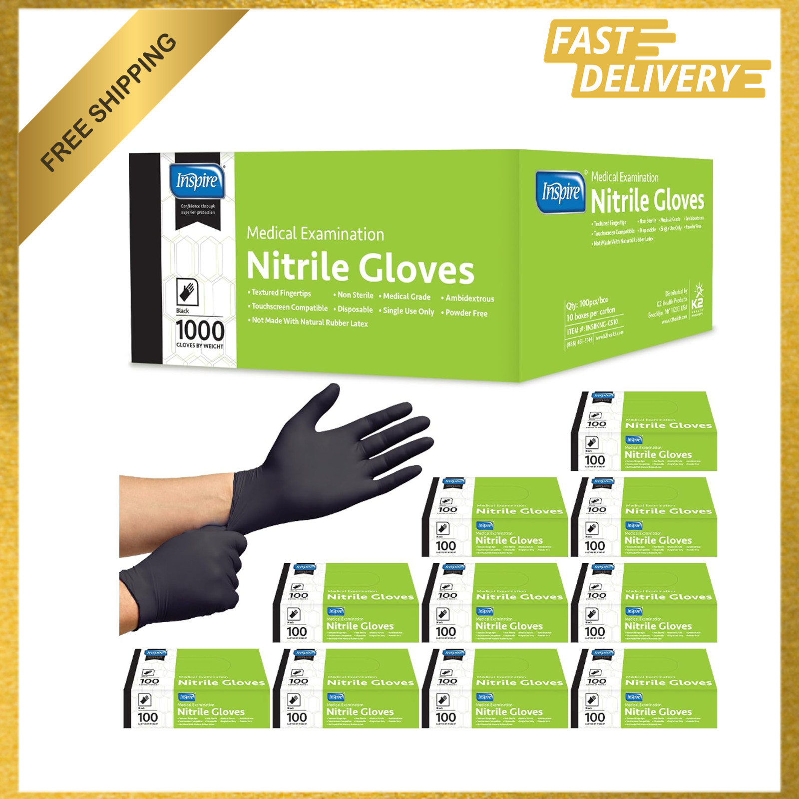 Black Nitrile Disposable Gloves, Exam Grade, Powder Free, Medical Food Service