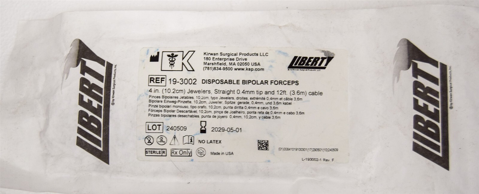 Kirwan Liberty 19-3002 Disposable Bipolar Forceps 4″ .4mm Tip 3.6M Cable(112024)