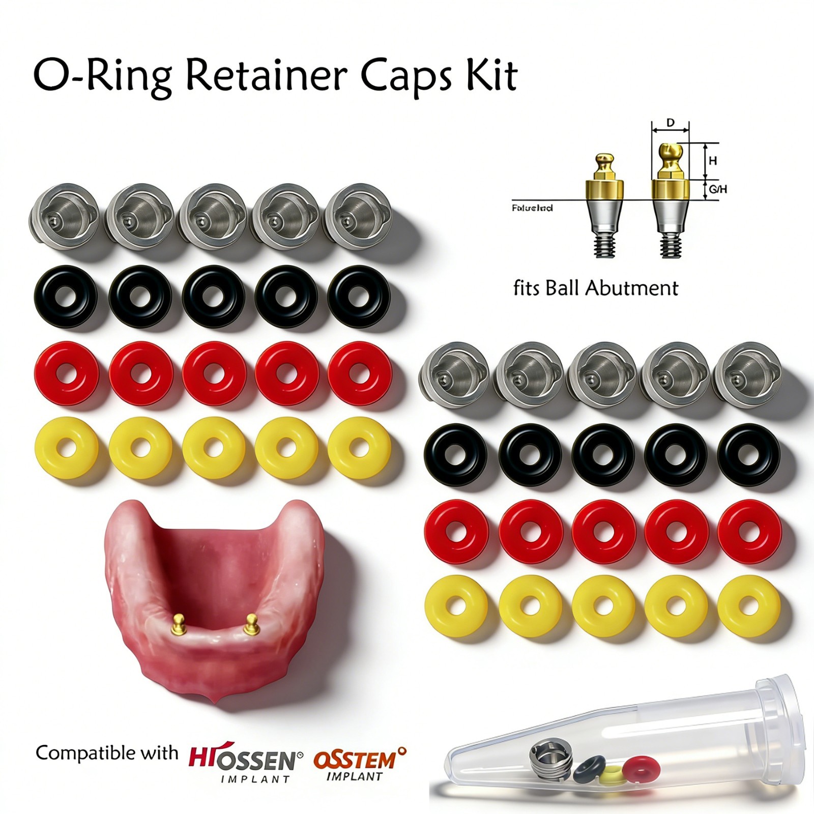 Dental Implant O-ring Retention Cap Kit For Hiossen/Osstem Ball Abutment 4pc/set