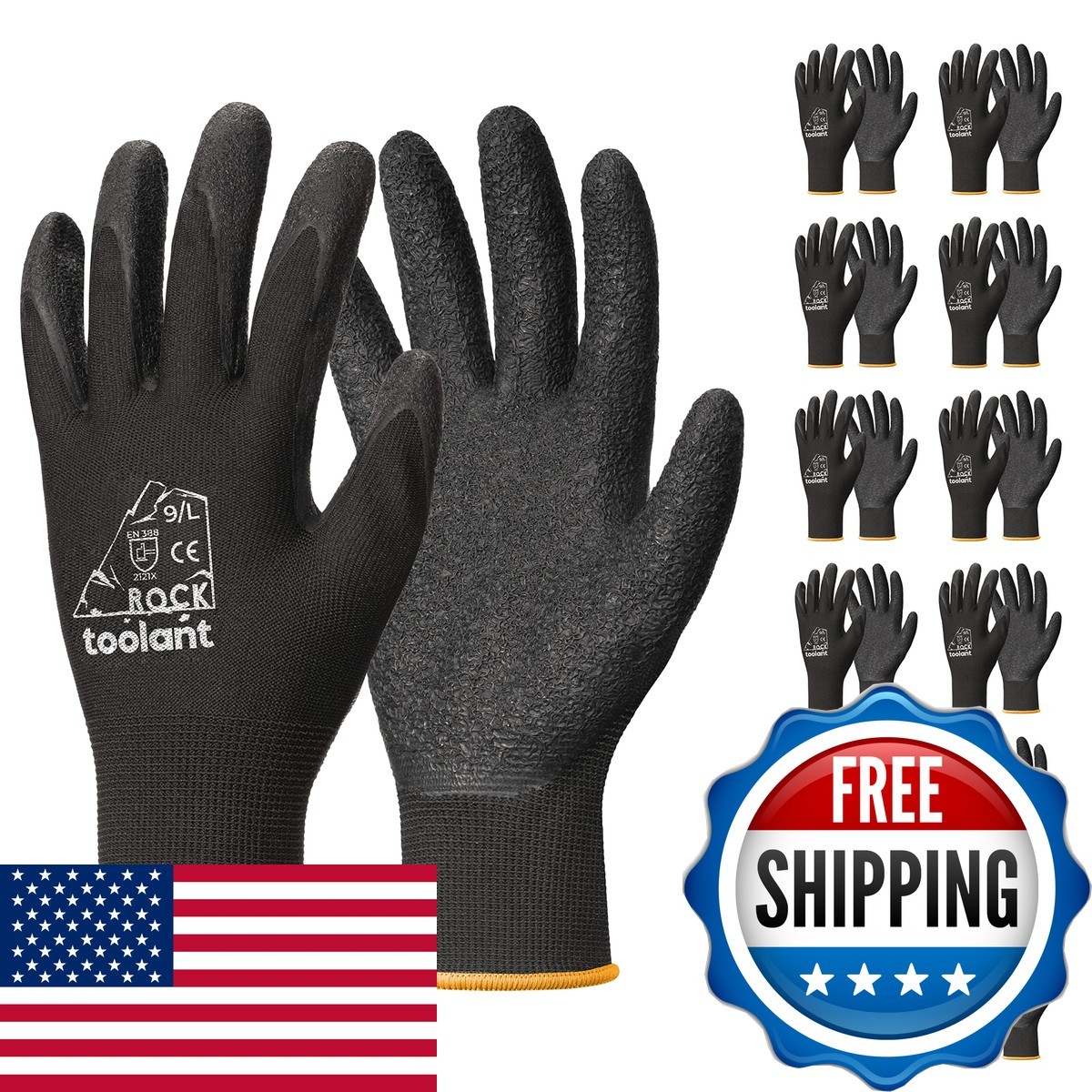 Toolant Crinkle Latex Work Gloves, 12 Pairs, Black, Large AntDura-Basic