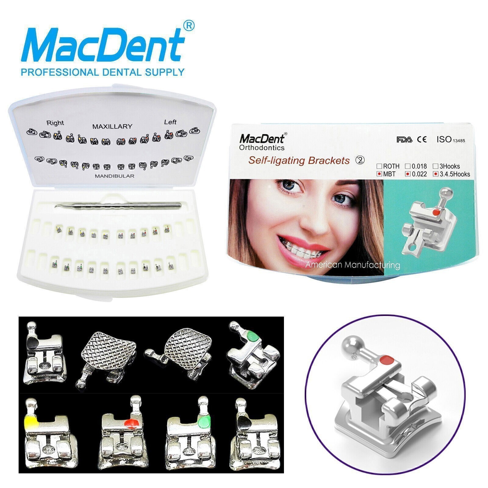 Dental Orthodontic Self-Ligating Braces Brackets Metal Roth /MBT .022 Hook 345