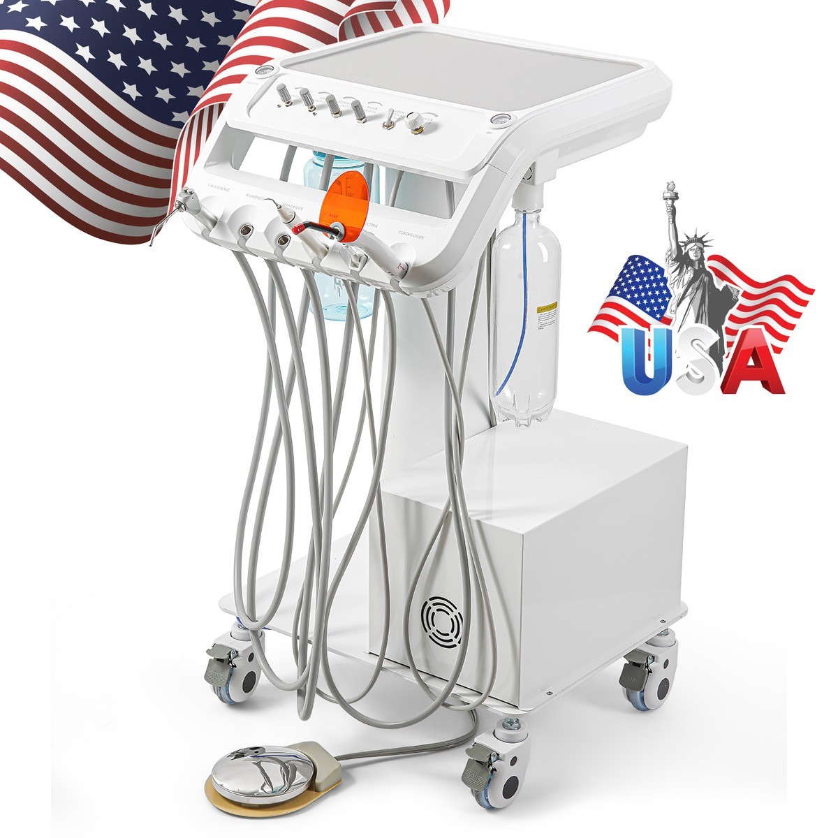 Dental Portable Mobile Cart Delivery Unit System 4Holes with Air Compressor
